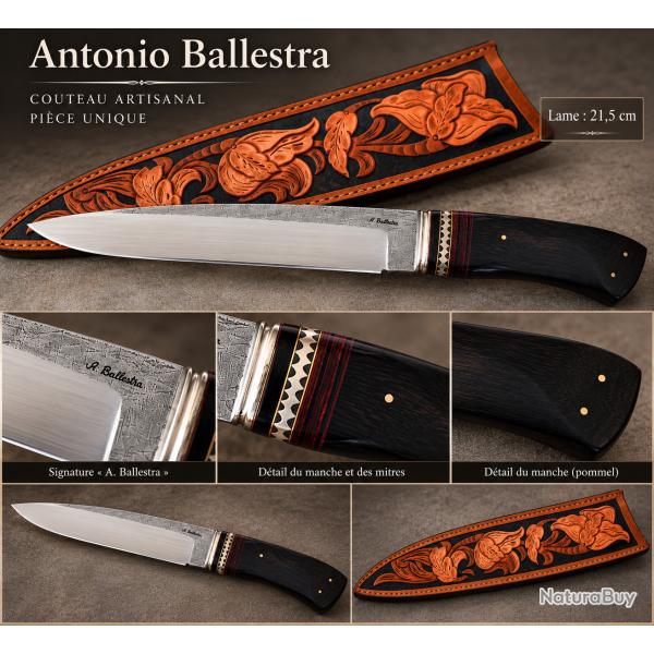 Exceptionnel couteau fixe artisanal Santino Ballestra - pi�ce de collection - �tui cuir travaill�