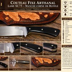 Couteau fixe artisanal ORSI - lame XC75 - manche corne de buffle - &eacute;tui cuir travaill&eacute;