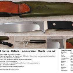 Couteau fixe artisanal Hill Knives Holland - Micarta noir - &eacute;tui cuir - coutellerie d'art