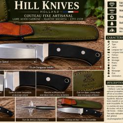 Couteau fixe artisanal Hill Knives Holland - Micarta noir - &eacute;tui cuir - coutellerie d'art