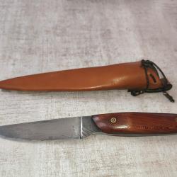 Couteau fixe artisanal Alain Valette - lame acier carbone trempe s&eacute;lective - manche bois - &eacute;tui cuir