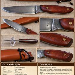 Couteau fixe artisanal Alain Valette - lame acier carbone trempe s&eacute;lective - manche bois - &eacute;tui cuir
