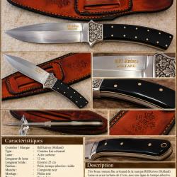Couteau fixe artisanal Bill Knives Holland - mitre grav&eacute;e - manche noir - &eacute;tui cuir