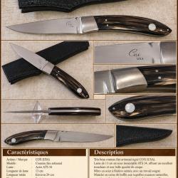 Couteau fixe artisanal COX USA - ATS 34 - Manche en corne de buffle - Nacre - &Eacute;tui cuir