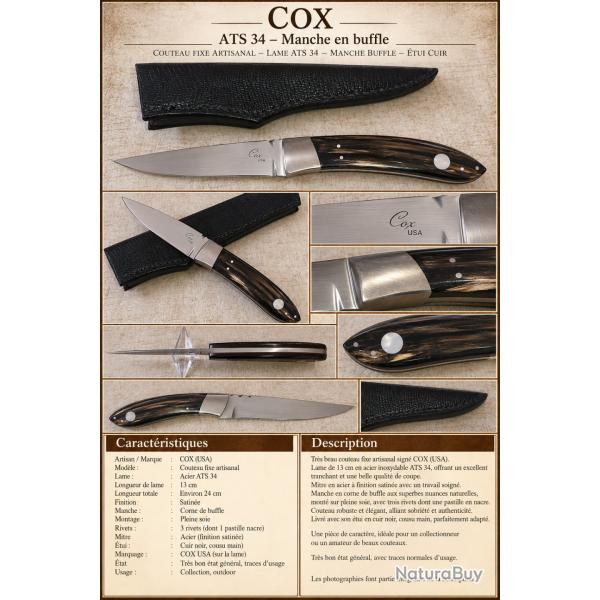 Couteau fixe artisanal COX USA - ATS 34 - Manche en corne de buffle - Nacre - �tui cuir