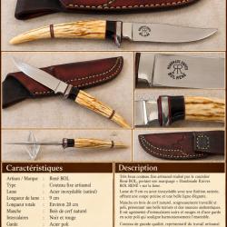 Couteau fixe artisanal Ren&eacute; BOL - Manche bois de cerf - &Eacute;tui cuir