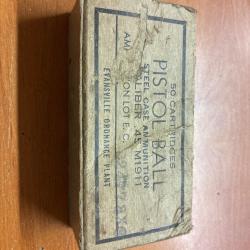 BOITE PLEINE MUNITION CARTON PARACHUTAGE FRANCE 1944 PISTOL BALL calibre 45 ACP COLT 1911 EVANSVIL