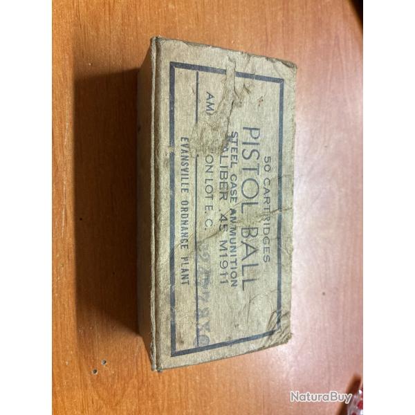BOITE PLEINE MUNITION CARTON PARACHUTAGE FRANCE 1944 PISTOL BALL calibre 45 ACP COLT 1911 EVANSVIL