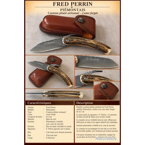 FRED PERRIN - PI�MONTAIS ARTISANAL - BOIS DE CERF - LAME FORG�E - �TUI CUIR