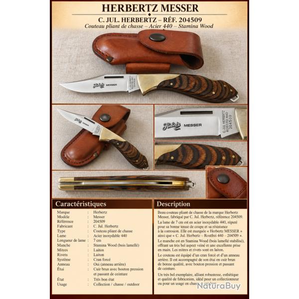 HERBERTZ MESSER - C. JUL. HERBERTZ - ACIER 440 - STAMINA WOOD - �TUI CUIR