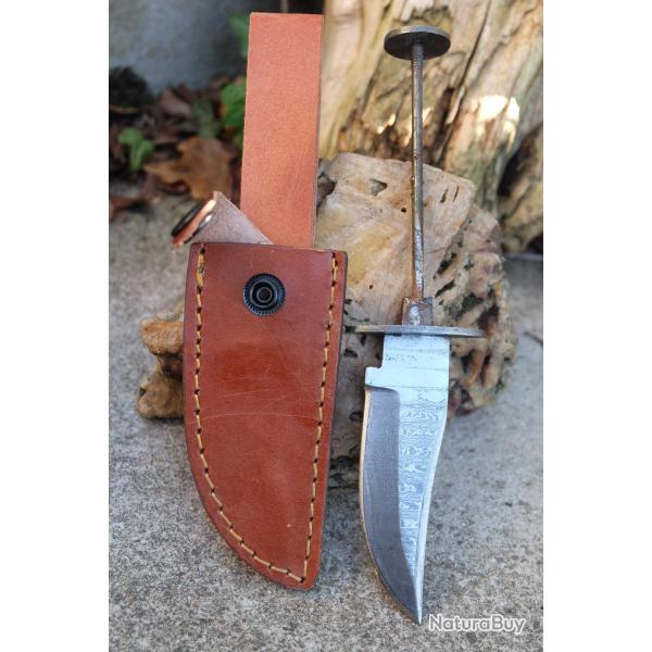 Manche A Customiser Puukko Couteau Lame/Garde/Pommeau Acier Damas 256 Couches Fab Artisan Etui Cuir