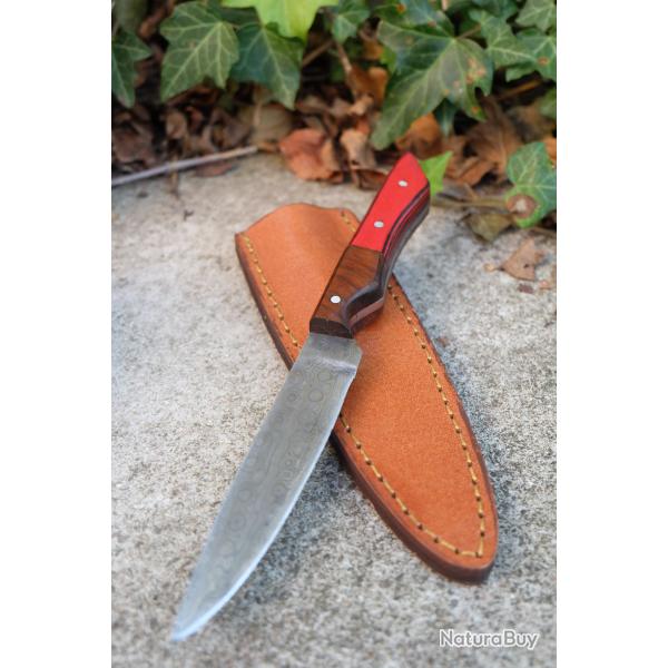 Couteau Stylet Lame Acier Damas 256 Couches Manche Couleurs Automne Etui Cuir Fabric Artisanale
