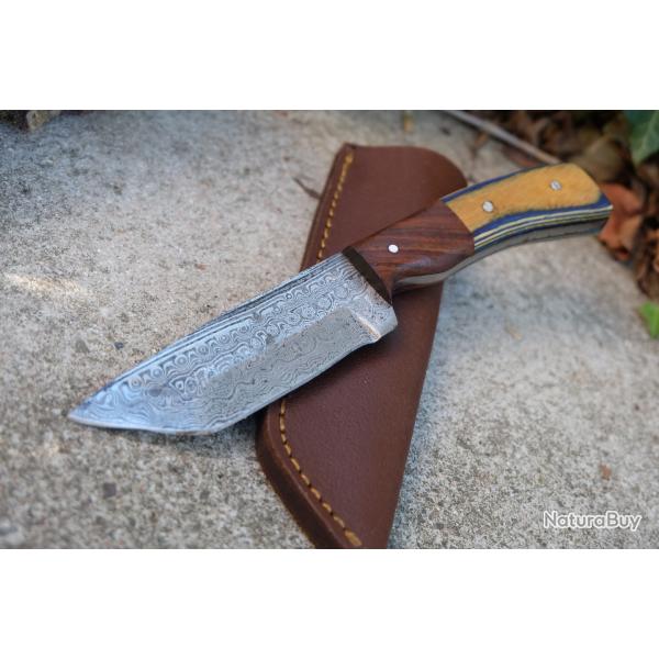 Skinner Couteau Damas Lame 256 Couches Lame Tanto Manche Marron/Tigre Fabr Artisanale Etui Cuir