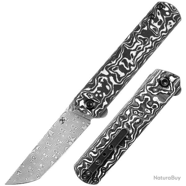 Couteau Kansept Foosa Lame Acier Damas Manche Carbone Noir et Blanc Slip Joint K2020T1