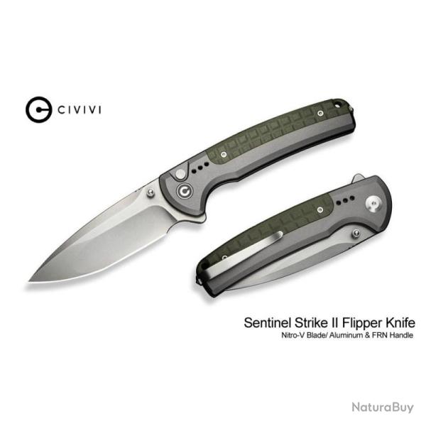 Couteau Civivi Sentinel Strike II Lame Acier Nitro-V Manche Aluminium Gris FRN Vert CIVC22025D2