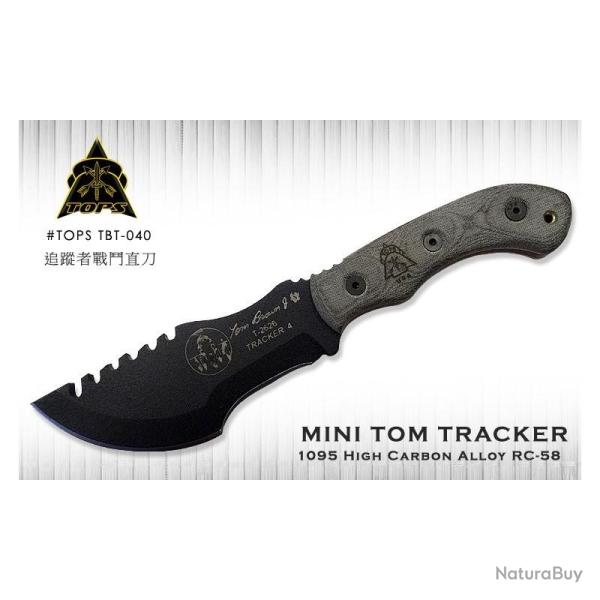 Couteau TOPS Mini Tom Brown Tracker Lame Acier 1095 Dos Scie Manche Micarta Lin Noir USA TPTBT040
