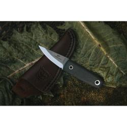 Couteau TOPS Mini Tanimboca Puukko Lame Acier 1095HC Manche Micarta Noir Housse Cuir Cou TPMPUK01