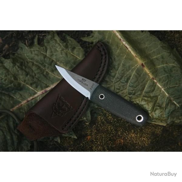 Couteau TOPS Mini Tanimboca Puukko Lame Acier 1095HC Manche Micarta Noir Housse Cuir Cou TPMPUK01