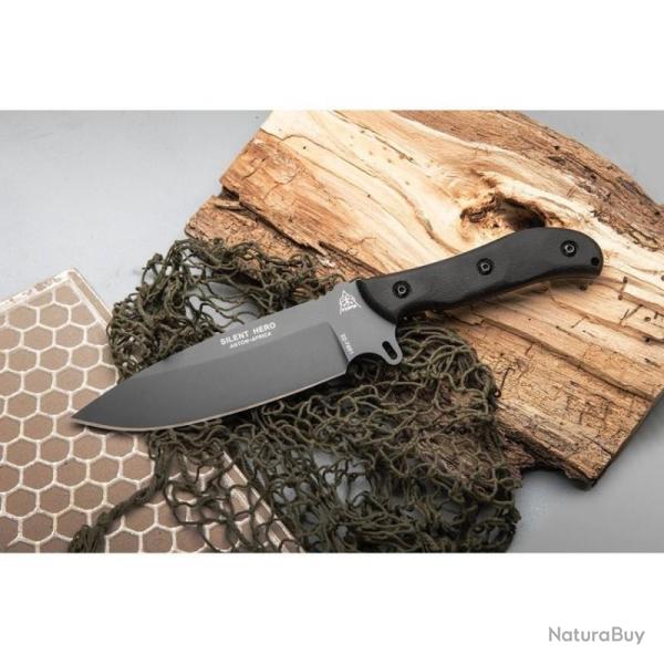 Couteau Fixe TOPS Silent Hero Lame Acier 1095HC Grise Manche Micarta Noir Housse Cuir USA TPHERO04