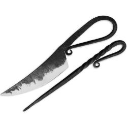 Couteau Old Forge Set 2 Couverts Viking Forg&eacute; Lame Acier Carbone Manche Fer Forg&eacute; &Eacute;tui Cuir OF045