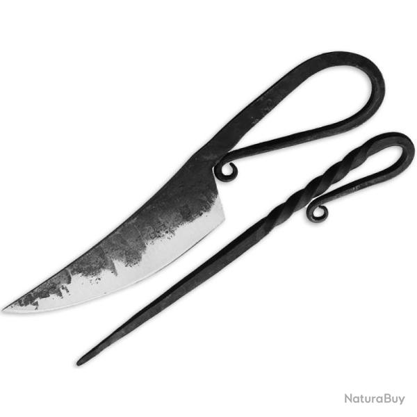 Couteau Old Forge Set 2 Couverts Viking Forg� Lame Acier Carbone Manche Fer Forg� �tui Cuir OF045