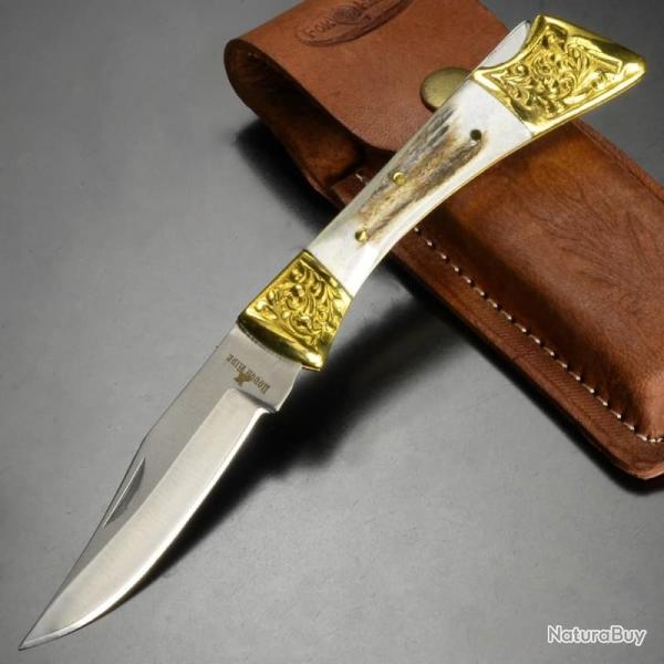 Couteau Pliant Rough Rider Stag Lockback Lame Acier Inoxydable Manche Bois de Cerf Naturel RR1396