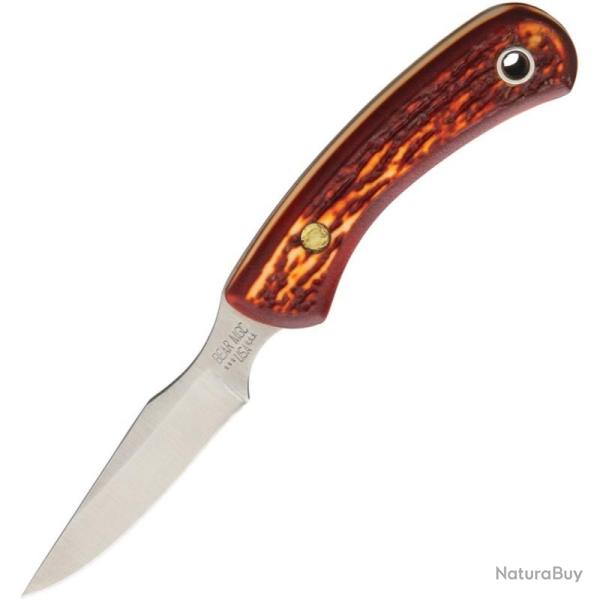 Couteau Bear & Son Caper Lame Acier Inox Manche Delrin Fa�on Bois de Cerf Rouge �tui Cuir USA BCSD42