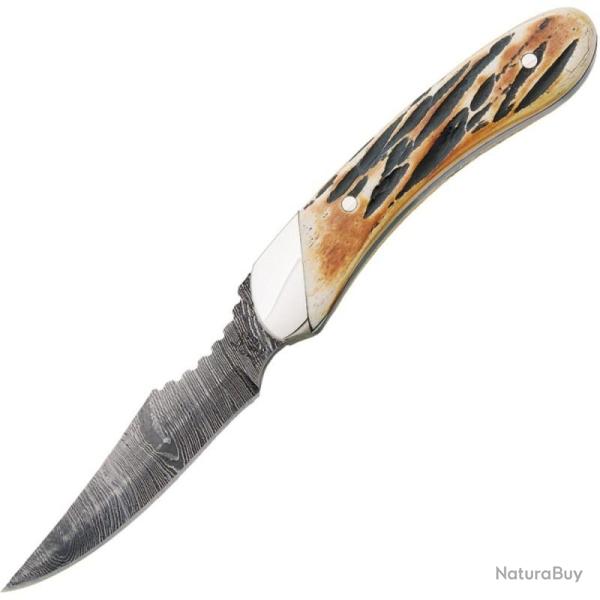Couteau Fixe Bear & Son Caper Lame Damas Manche Os Fa�on Bois de Cerf Ambr� �tui Cuir USA BC5009D