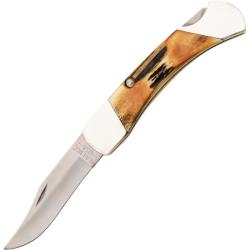 Couteau Bear & Son Hunter Lame Acier Inox Manche Os Fa&ccedil;on Bois de Cerf Ambr&eacute; Lockback USA BC597