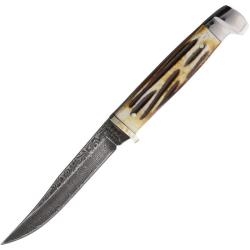 Couteau Bear & Son Small Hunter Lame Damas Manche Os Fa&ccedil;on Bois de Cerf Ambr&eacute; &Eacute;tui Cuir USA BC563D