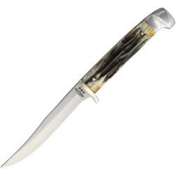 Couteau Bear & Son Hunter Lame Acier Inox Manche Os Fa&ccedil;on Bois de Cerf Marron &Eacute;tui Cuir USA BC563