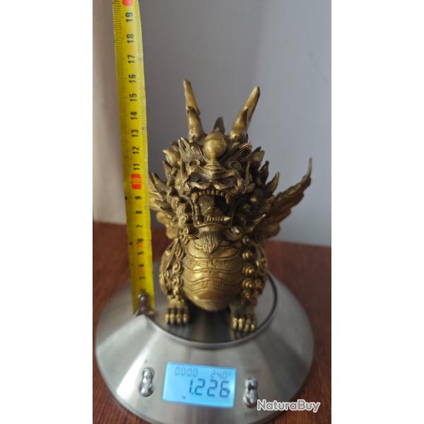 Dragon chinois Qilin / Kylin Feng Shui - Figurine orientale massive en laiton