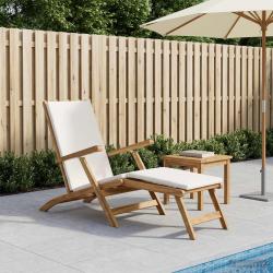 Chaise pliante avec coussin, blanche, en bois de teck massif, pour le jardin