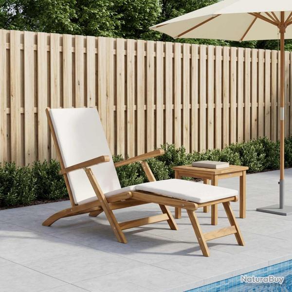 Chaise pliante avec coussin, blanche, en bois de teck massif, pour le jardin