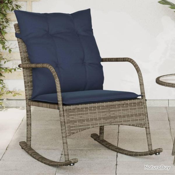 Chaise � bascule avec coussins gris en r�sine tress�e pour le jardin