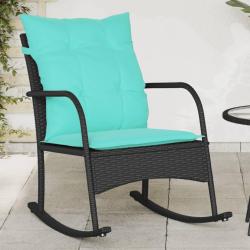 Chaise &agrave; bascule avec coussins noirs en r&eacute;sine tress&eacute;e pour le jardin