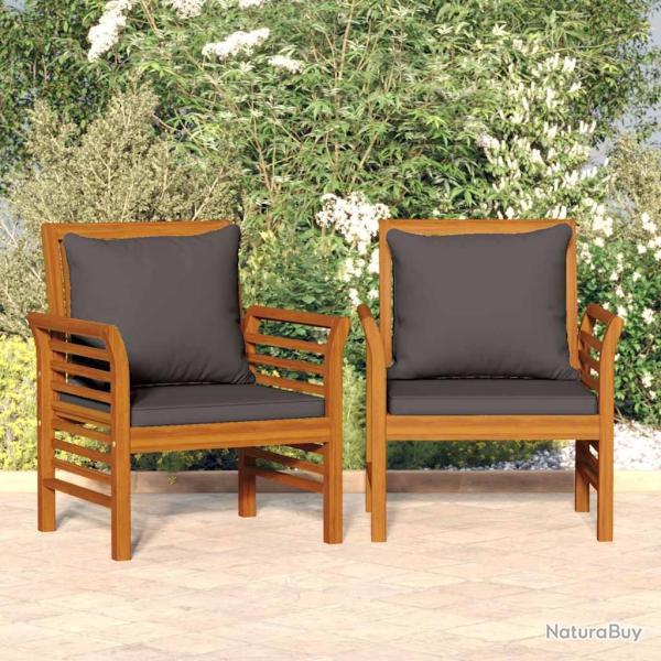 Chaises de canap� avec coussins gris fonc�, 2 pi�ces, en acacia massif