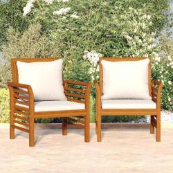 Chaises de canap&eacute; avec coussins blanc cr&egrave;me, 2 pi&egrave;ces, en bois d'acacia