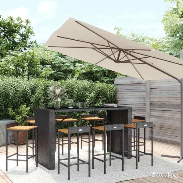Ensemble de bar, 9 pi�ces, poly rotin noir et bois massif d'acacia, pour la cuisine