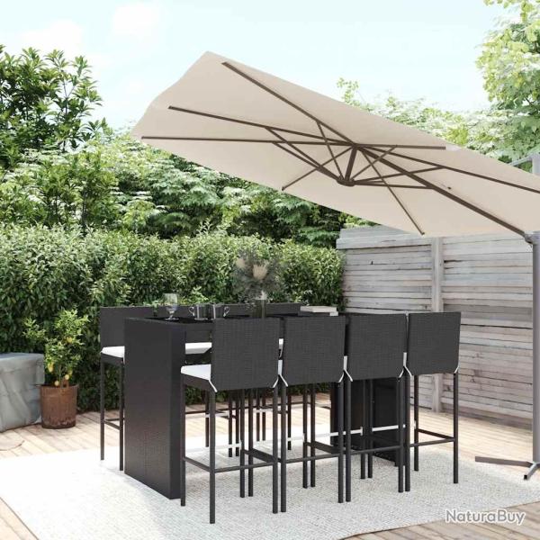 Ensemble de bar, 9 pi�ces, avec coussins, en poly rotin noir, pour le jardin