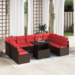 Ensemble de canap&eacute;, 10 pi&egrave;ces, en polyrotin marron, pour le jardin