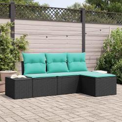 Ensemble de canap&eacute; 4 pi&egrave;ces, noir et turquoise, en rotin synth&eacute;tique PE, pour le jardin