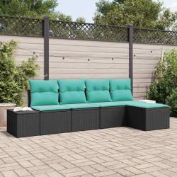 Ensemble de canap&eacute;, 5 pi&egrave;ces, en rotin synth&eacute;tique PE noir et turquoise, pour la terrasse