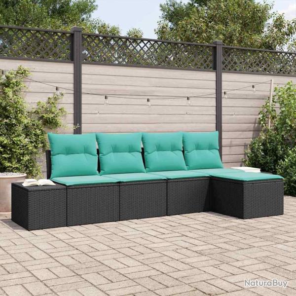 Ensemble de canap�, 5 pi�ces, en rotin synth�tique PE noir et turquoise, pour la terrasse