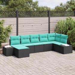 Ensemble de canap&eacute;, 7 pi&egrave;ces, en polyrotin, noir et turquoise, pour le salon