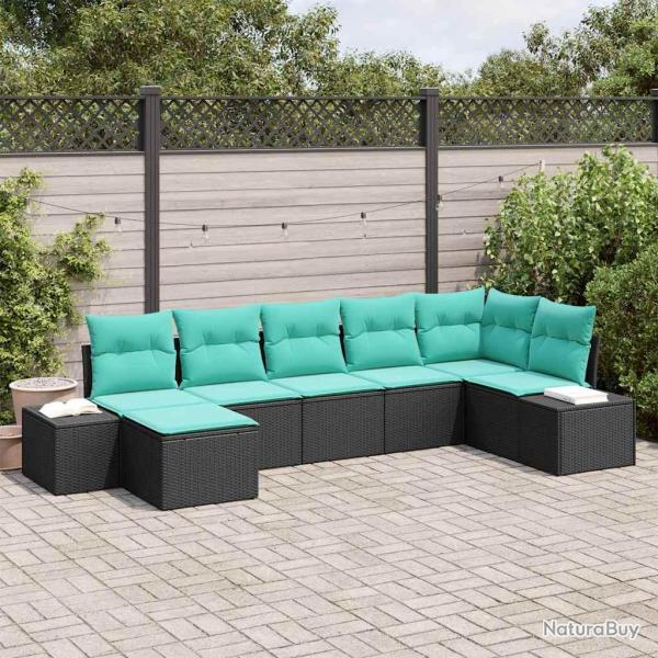 Ensemble de canap�, 7 pi�ces, en polyrotin, noir et turquoise, pour le salon