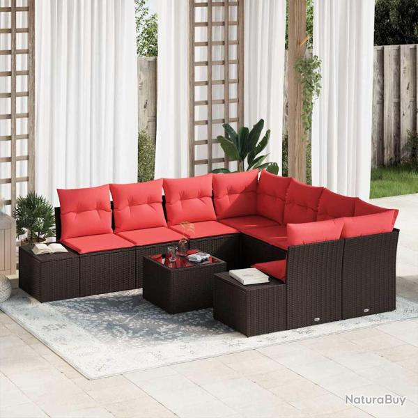 Ensemble de canap� de 9 pi�ces, beige et rouge, en polyrotin, pour la terrasse