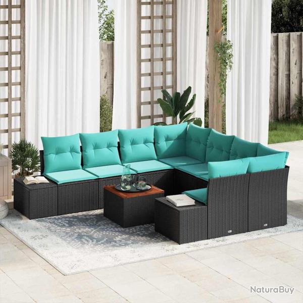 Ensemble de canap�, 9 pi�ces, en polyrotin, noir et turquoise, pour le salon