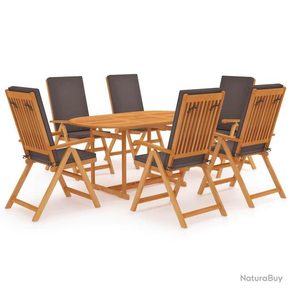 Ensemble repas avec coussins gris, bois de teck massif, 7 pi�ces, pour la salle � manger