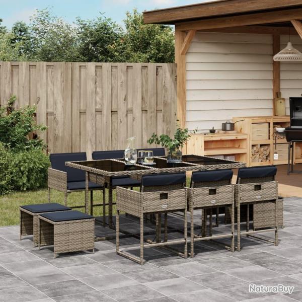 Ensemble � manger avec coussins, 11 pi�ces, gris, en r�sine tress�e, pour le jardin